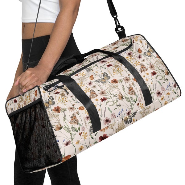 Tiny Bloom Watercolor Butterfly Duffle Bag, Girlfriend Gitfts for Her Weekender Bag Woman Duffel Bag
