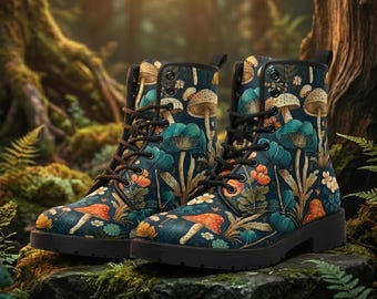 May include: A pair of dark blue combat boots with a whimsical mushroom pattern. The boots feature a black lace-up design and a sturdy black sole. The pattern includes orange, teal, and cream-colored mushrooms and flowers.