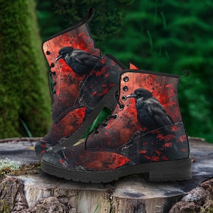 Blood Moon Crow Women&#39;s Vegan Leather Combat Boots, Birthday Gifts for Her, Custom Shoes, Gothic Boots