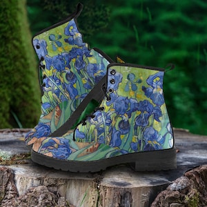 Combat Boots Vintage Art Vincent van Gogh Irises Boots, Gifts for Mom Vegan Learther Cowboy Boots