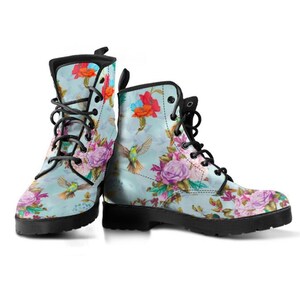 Kampfstiefel Vögel und Blumen Handgefertigte Stiefel, Damenstiefel, Vegan Leder Klassischer Stiefel, Schnürstiefel, Mädchenstiefel, Knöchel Stiefel