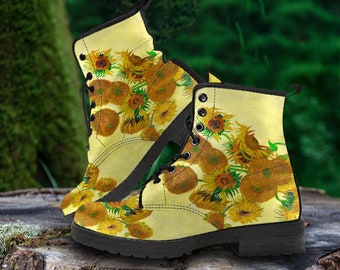 Combat Boots Women's Van Gogh Sunflower Custom Leather Boots, Mother's Day Gifts for her Casual Cute Shoes