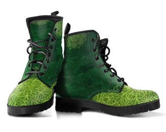 Combat Boots Green Flower Mandala Boots, Womens Boots, Leather Shoes, Vegan Boots, Fashion Shoes, Hippie Boots, Combat Shoes, Ankle Boots