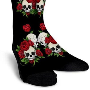 Skulls Roses Black, Womens Funny,  Socks, Personalized, Crew, Floral, Custom, Cool, Mens, Gift for her,