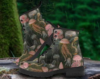 Jellyfish Vegan Leather Combat Boots: Ocean-Inspired Art