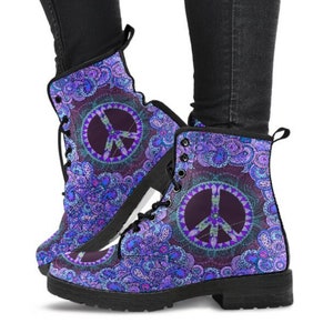 Combat Boots Purple Peace Mandala Boots Handcrafted Womens Gifts Her Vegan Shoes  Leather, Faux  Classic Lace Up Girl Ankle Girl