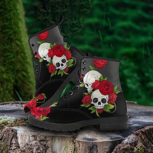 Combat Boots Woman Skulls and Roses Black Vegan Leather Boots, Mother&#39;s Day Gifts, Casual Shoes, Gift for Her, Combat Boots, Biker Boots