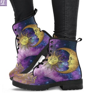 Combat Boots Sun and Moon Mandala Boots for Women, Handmade Leather Ankle Shoes, Personalized Casual Footwear, Gift for mom, Fashion boots