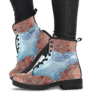 Combat Boots  Blue Paisley Mandala Handcrafted Boots, Women&#39;s Boots, Vegan Leather,  Classic Boot, Lace Up Boots, Girl Boots, Ankle Boots