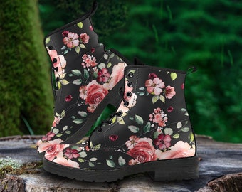 Combat Boots Floral Roses Black Vegan Leather Boots, Custom   Women's Boots
