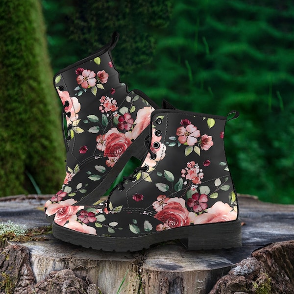 Kampfstiefel Florale Rosen Schwarze vegane Lederstiefel, individuelle Damenstiefel