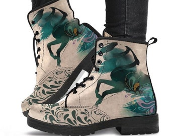 Combat Boots Horse Abstract Art Women's Boots, Womens Fashion, Vegan Leather,  Custom Boots, Casual Boots, Bohemian Boots, Cowgirl Boots.