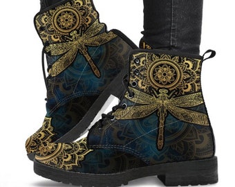Gold Dragonfly Mandala Women's Boots, Vegan Leather, Combat Boots, Custom Boots, Casual Boots, Bohemian Boots, Cowgirl Boots, Fashion Boots.