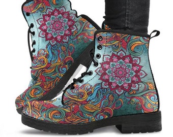 Combat Boots Colorful Floral Abstract Art Women's Boots, Vegan Leather, Custom Boots, Casual Boots, Bohemian Boots, Cowgirl Boots.