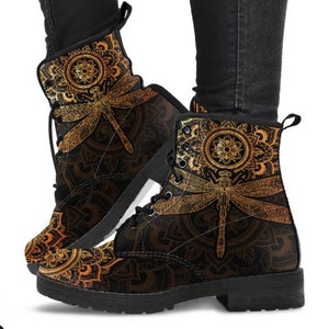 Combat Boots Rusty Gold Dragonfly Women&#39;s Boots, Vegan Leather,  Custom Boots, Casual Boots, Bohemian Boots, Cowgirl Boots, Fashion Boots.