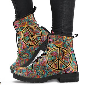 Colorful Peace Symbol Women&#39;s Boots, Womens Fashion, Vegan Leather, Combat Boots, Custom Boots, Casual Boots, Bohemian Boots, Cowgirl Boots.