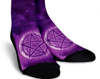 Purple Wicca Style Crew Socks, Custom Socks, Angkle Socks, Mens Socks, Women Socks, Kids Socks, Cool Socks, Fashion Socks. School Socks