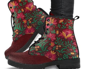 Combat Boots Red Floral Pattern Women's Boots, Womens Fashion, Vegan Leather  Custom Boots. Casual Boots, Bohemian Boots, Cowgirl Boots.