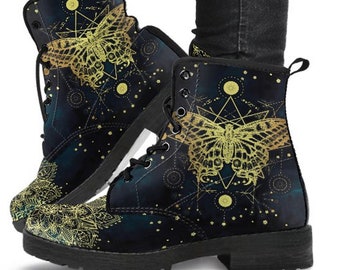 Combat Boots Golden Butterfly Art Women's Boots, Womens Fashion, Vegan Leather,  Custom Boots. Casual Boots, Bohemian Boots