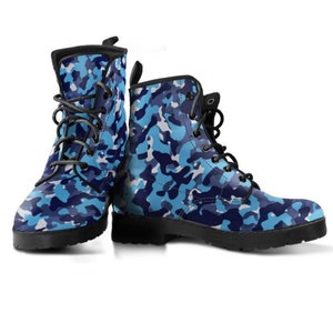 Combat Boots Blue Camouflage Women&#39;s Boots, Vegan Leather, Combat Boots, Handcrafted Boots, Classic Boot, Lace Up Boots, Girl Boots, Ankle