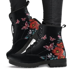 Combat Boots  Black Floral Butterfly Handcrafted Ankle  Women's Vegan Leather, Faux  Boho Chic Personalized Gifts  Casual Custom Bohemian