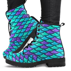 Mermaid Scale Mandala Women&#39;s Boots, Womens Fashion, Vegan Leather, Combat Boots, Custom Boots, Casual Boots, Bohemian Boots, Cowgirl Boots.