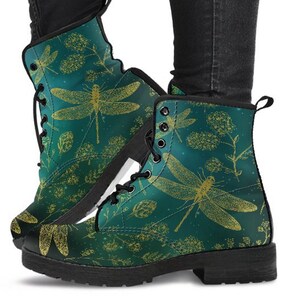Green Dragonfly Womens Boots, Womens Fashion, Vegan Leather, Combat Boots, Custom Boots. Casual Boots, Bohemian Boots, Cowgirl Boots, Boots