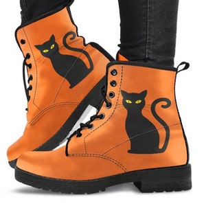 Combat Shoes Halloween Cat Orange Women&#39;s  Boots, Womens Fashion, Vegan Leather,   Custom Boots. Casual Boots, Bohemian Boots, Cowgirl Boots
