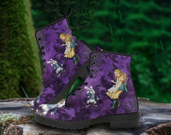 Purple Alice in Wonderland Vegan Leather Combat Boots
