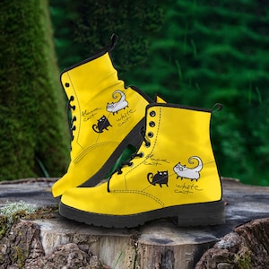 Combat Boots Black and White Cat on Yellow Leather Women's Boots, Vegan Leather, Classic Boot, Lace Up Boots, Girl Boots, Ankle Girl Boots