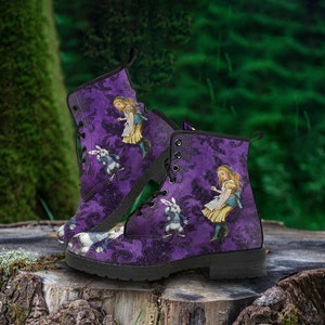 Purple Gothic Alice in wonderland, Vegan Leather Boots, Birthday Gifts for Her, Women Festival Boots, Combat Boots