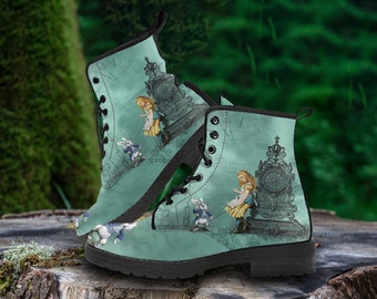 Combat Boots Alice in Wonderland Custom Vegan Leather Boots, Alice Gifts for Her Casual Cute Shoes