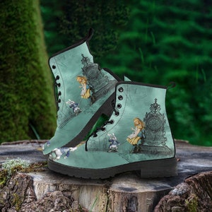 Combat Boots Alice in Wonderland Custom Vegan Leather Boots, Alice Gifts for Her Casual Cute Shoes