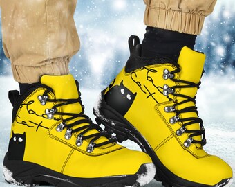ブラックキャットプリントのアルパインブーツ：イエローのヴィーガン