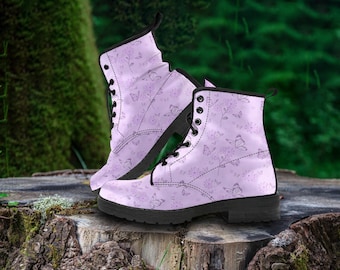 Butterfly Print Vegan Leather Combat Boots - Purple Women's Shoes