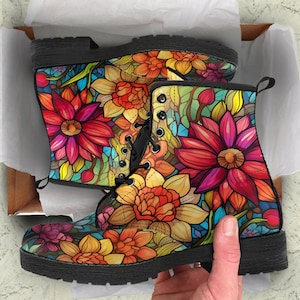 Stained Glass Flower Vegan Leather Boots, Birthday Gifts for Her Combat shoes Custom shoes Women Flatform Boots