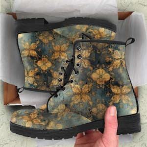 Vintage Floral Golden Motif Women&#39;s Vegan Leather Combat Boots, Birthday Gifts for Her, Custom Shoes Women&#39;s, Casual Boots