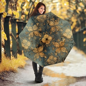 Parapluies vintage à fleurs dorées, Parapluie en polyester, Parapluie de pluie, Parapluie tige, Parapluie coupe-vent