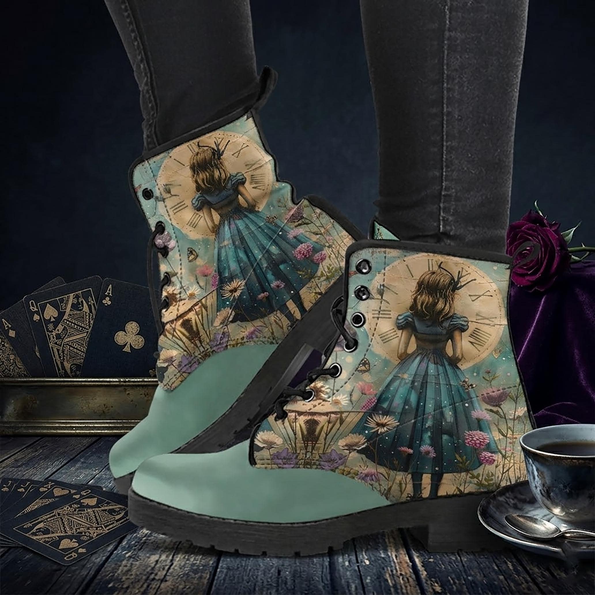 Alice in Wonderland Combat Boots, Gothic Vegan Leather Platform