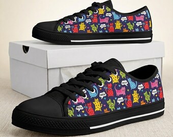 Tênis com estampa de gato colorida: Sapatos femininos de cano baixo da moda