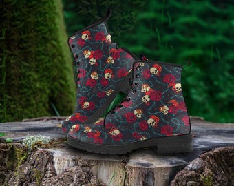 Skull and Rose Vegan Leather Combat Boots – Gothic Floral Women's Punk Style Shoes