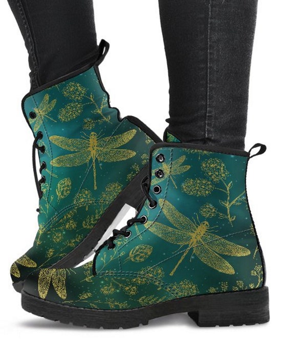 Green Dragonfly Womens Boots, Womens Fashion, Vegan Leather, Combat Boots, Custom Boots. Casual Boots, Bohemian Boots, Cowgirl Boots, Boots