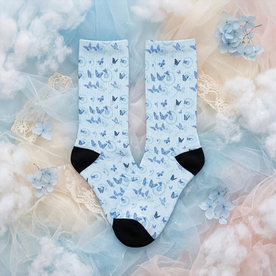 Blue Butterfly Pastel Fairycore Crew Socks for Women – Dreamy Aesthetic ...
