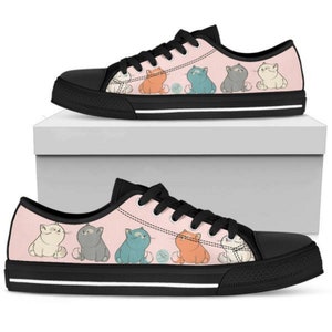 Tênis com estampa de gato para mulheres, calçados casuais, calçados baixos, presentes personalizados para amigos, calçados esportivos para presente para ela, tênis fashion para amantes de gatos