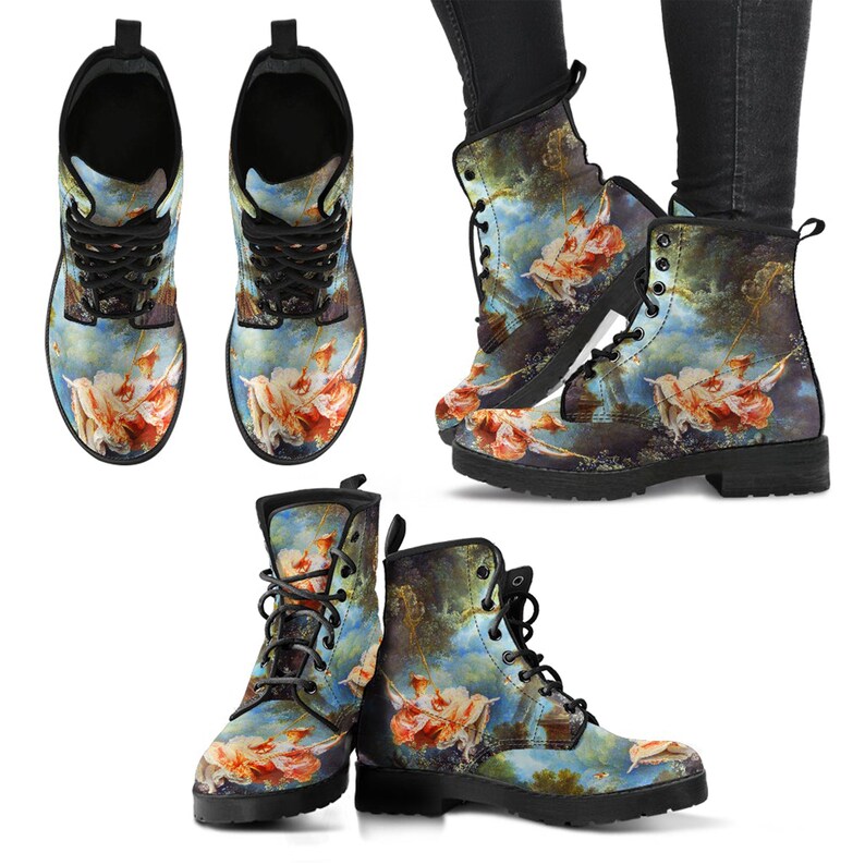 Detailed close-up of boot upper showing pattern, print quality, and color palette