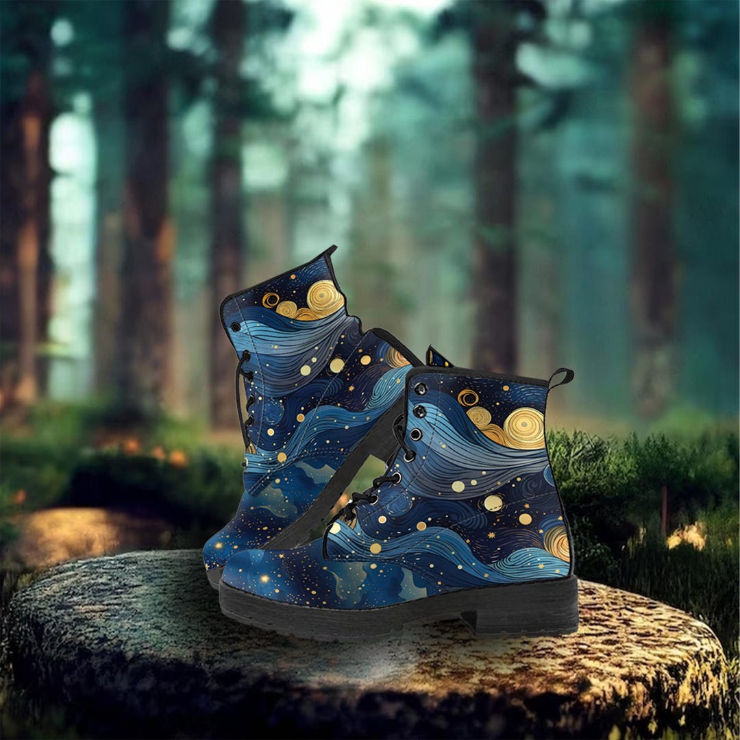 Starry Night Galaxy Boots: Vegan Leather Combat Festival Footwear