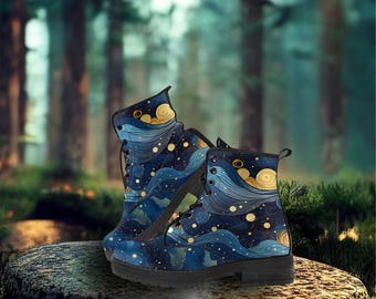 Botas Galaxy de Noche Estrellada: Calzado de Combate de Cuero Vegano para Festivales
