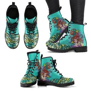 Combat Boots  Mermaid Women's Leather Boots, Cute Shoes Birthday Gifts for Her, Platform Boots