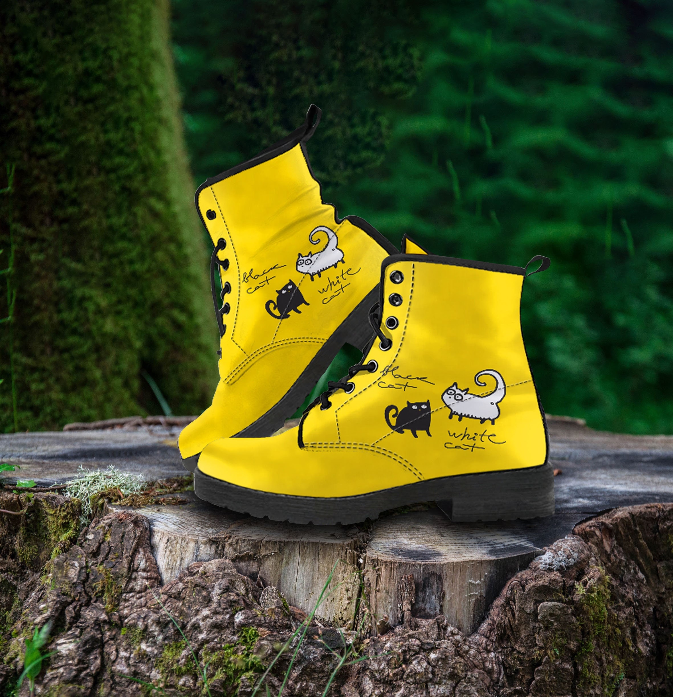 Combat Boots Black and White Cat On Yellow Leather Women s Boots Vegan Leather Classic Boot Lace Up Boots Girl Boots Ankle Girl Boots