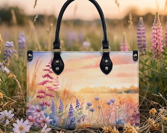 Wildflower Meadow Handbag, Vegan Leather Shoulder Bag for Women, Unique Custom Gift
